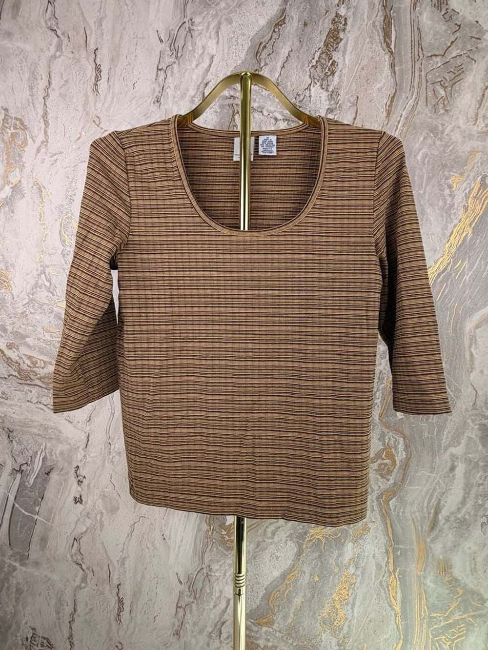 Armani Exchange Striped 3/4 Sleeve Top Size M Brown Black Ribbed Knit